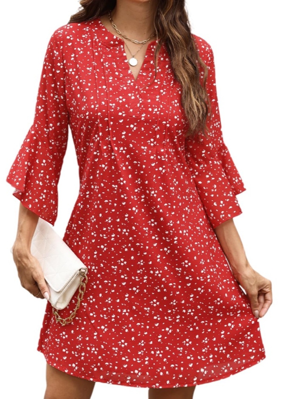 Womens Red Neck A-Line Dress with 3/4  Bell Sleeves